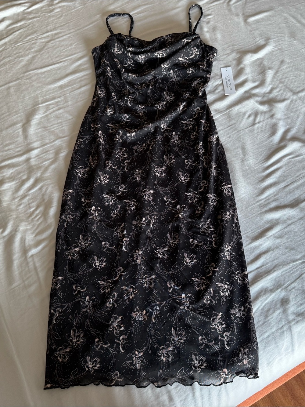 Floral-Embroidered Black Slip Midi Dress with Cowl Neck